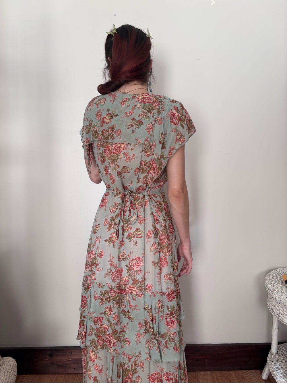 XS Pastel Pink Blue Floral Rose Print V-Neck Maxi Dress - Picture 3 of 13